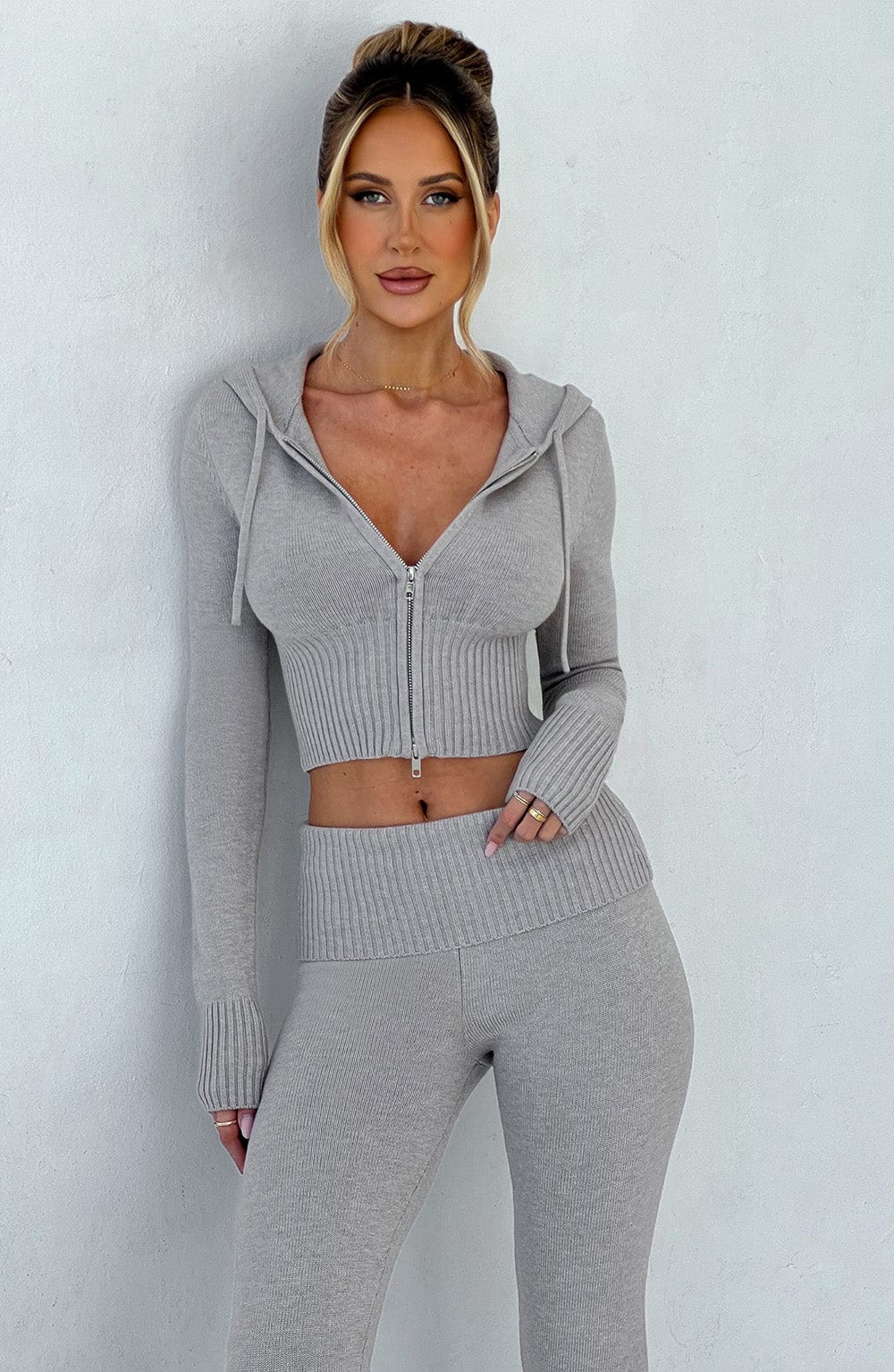 Portia Knit Hoodie – Light Grey Marl
